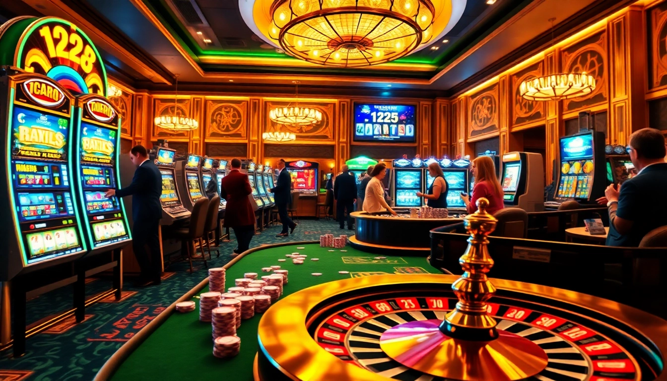 Vibrant casino atmosphere showcasing online gambling excitement in 123b with illuminated slot machines.