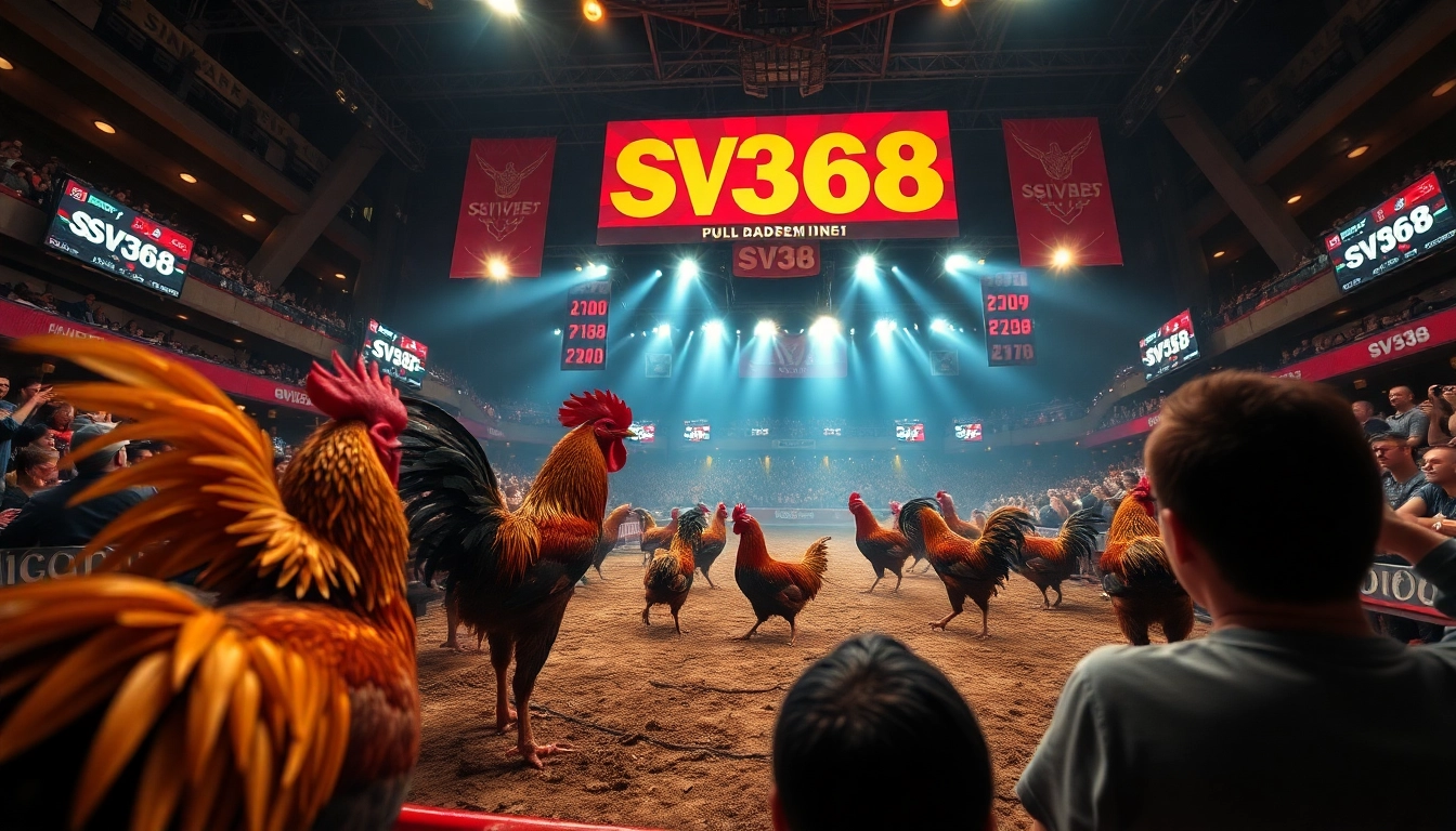 Live action from SV368win.live cockfighting event with vibrant atmosphere and exciting matches.