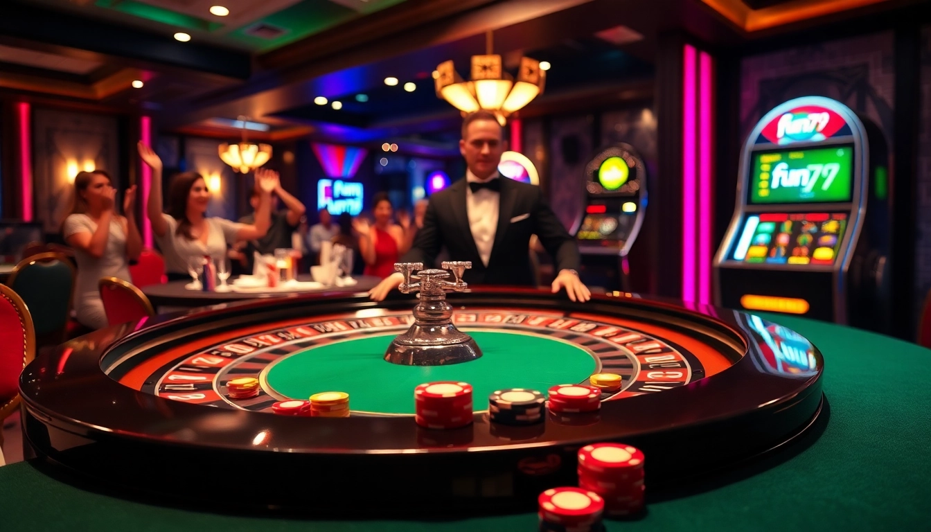 Excited gamblers playing roulette at a luxury casino showcasing fun79 branding.