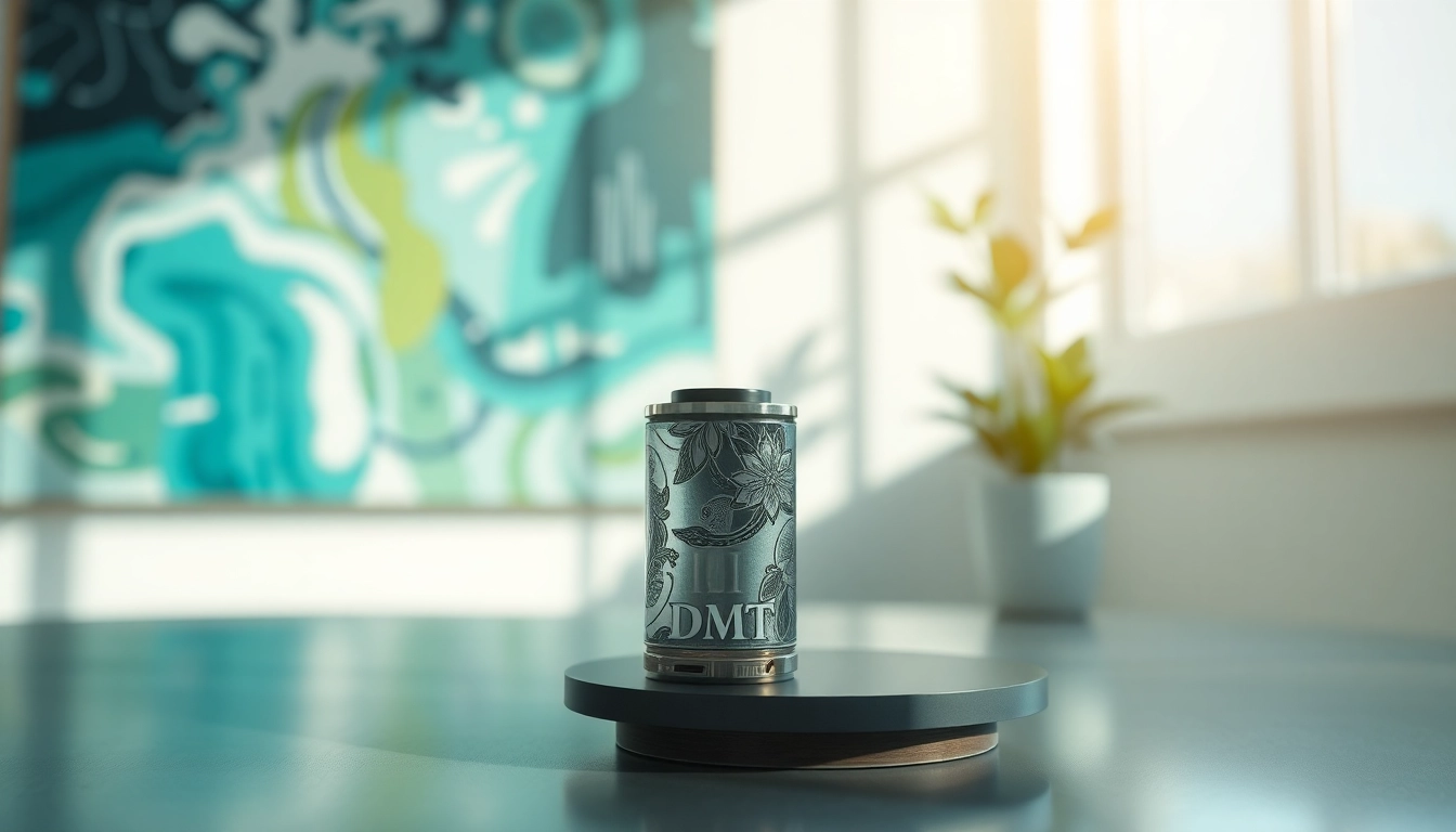 Buy DMT online with a focus on an elegantly designed DMT vape cartridge against a serene backdrop.