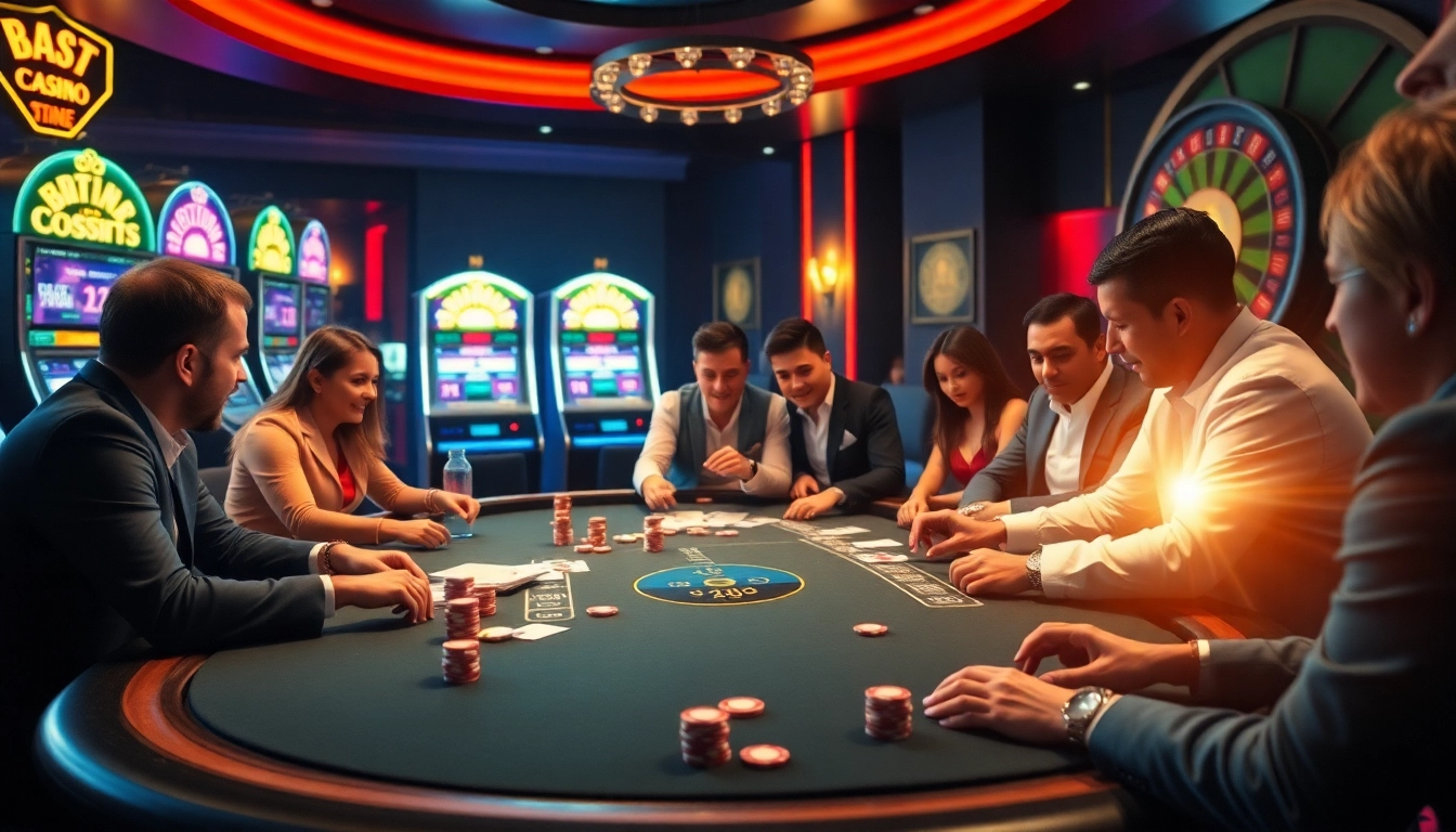 Players strategizing at a poker table in a luxury casino setting, highlighting tr88's excellence in online gambling.