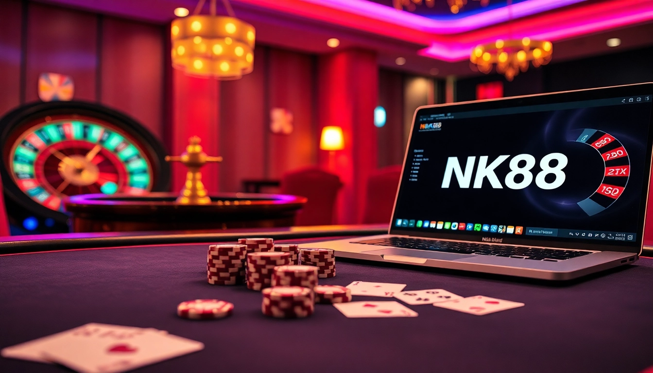 NK88 online gambling interface showcasing a luxurious virtual poker table and vibrant roulette wheel.